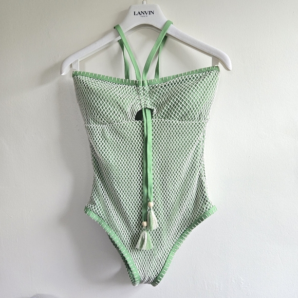 New Lucky Brand Fishnet Halterneck Strapless Green One Piece Swimsuit Medium NWT - Picture 1 of 6